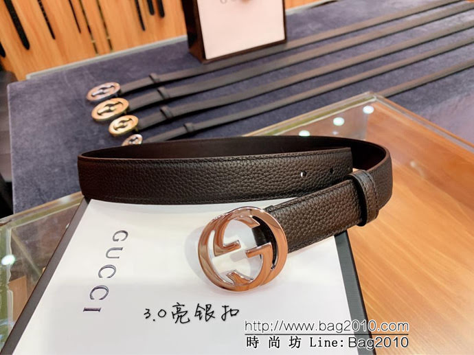 GUCCI古馳 官網爆款 正品規格 原單品質 togo荔枝紋牛皮 雙G亮面銀色扣 男士皮帶  xfp1078